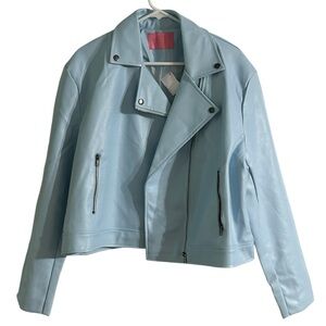 Chic Light Blue Faux Leather Jacket for Women